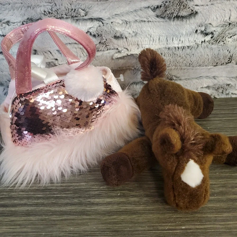 Aurora Plush Brown Horse W/ Pink Sequins Carrying Purse Pouch - Picture 4 of 8